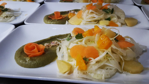 Fennel salad with oranges, potatoes and broad beans puree